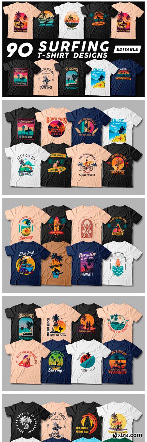 Surfing T-shirt Designs Bundle Editable 11224238
