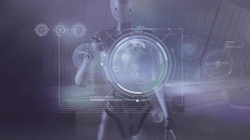 Videohive - Robot And Virtual Panel With Earth Data 4K - 32323325
