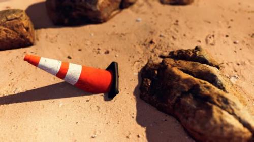 Videohive - Traffic Safety Cone at Empty Sand Beach - 32338714