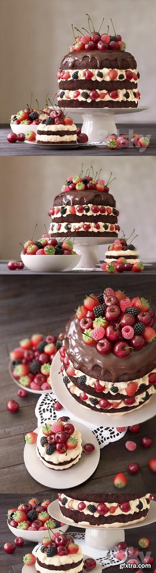 Cake and cake with berries 3d Model
