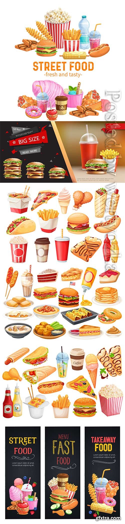 Fast food vector banners, chips, hamburger, hot dog, pizza