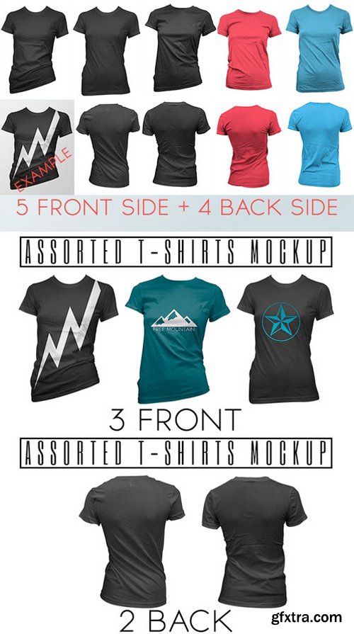Assorted Women T-shirts Mockup, 5 front site and 4 back side