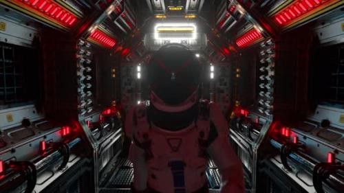 Videohive - Astronaut Walking in Spaceship Tunnel Scifi Shuttle Corridor - 32441614