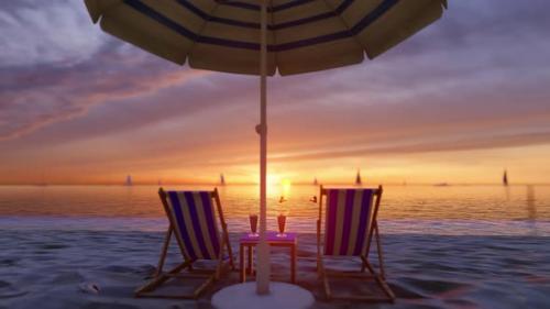 Videohive - Sunset Sandy Beach With a Sun Lounger, Umbrella And a Cocktail - 32443063