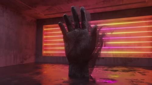 Videohive - A Stone Human Hand Emitting Millions of Particle Streams in a Future Scifi Room with Modern Neon - 32479905