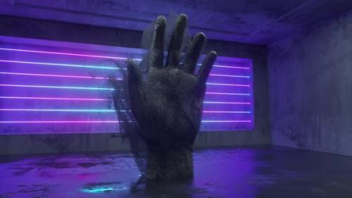 Videohive - A Stone Human Hand Emitting Millions of Particle Streams in a Future Scifi Room with Modern Neon - 32479917
