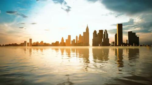 Videohive - Skyline with Skyscrapers and Sea at Sunset - 32496700