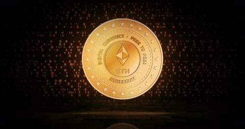 Videohive - Ethereum ETH cryptocurrency golden coin loop on digital background - 32615882