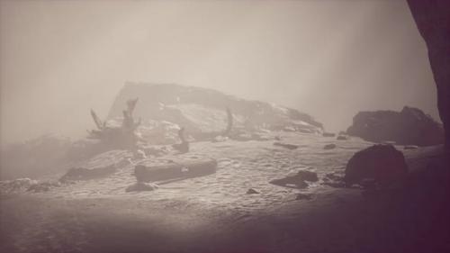 Videohive - Rocky Cliff with Sand Beach in Deep Fog - 32632840
