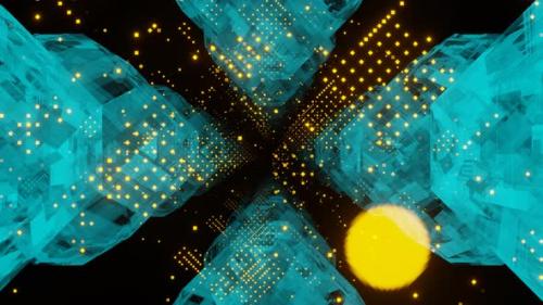 Videohive - 3D Big Data Digital Bluegreen Cube Square Tunnel with Futuristic Yellow Matrix - 32668466