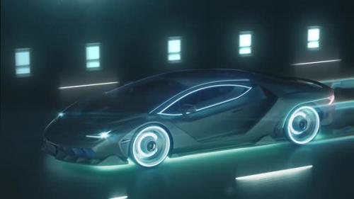 Videohive - Sports Cyber Neon Car Rushes on the Night Road with Neon Lights and Trail - 32669916