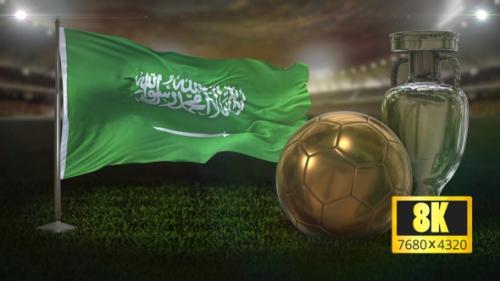 Videohive - 8K Saudi Arabia Flag with Football And Cup Background Loop - 32695056