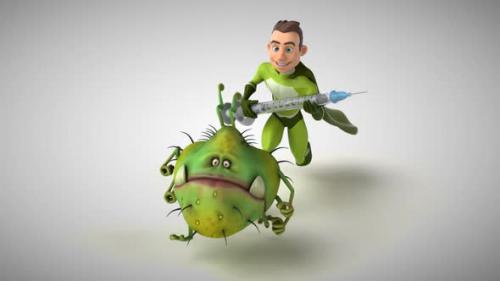 Videohive - 3D Animation of a fun superhero chasing a virus with a vaccine - 32985238