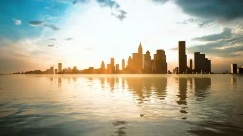 Videohive - Skyline with Skyscrapers and Sea at Sunset - 32988852