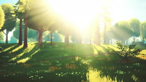 Videohive - Cartoon Green Forest Landscape with Trees and Flowers - 32990423