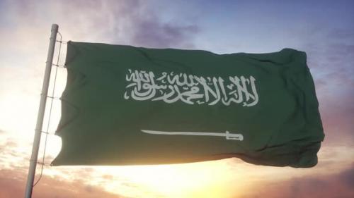 Videohive - Flag of Saudi Arabia Waving in the Wind Against Deep Beautiful Sky at Sunset - 33100835