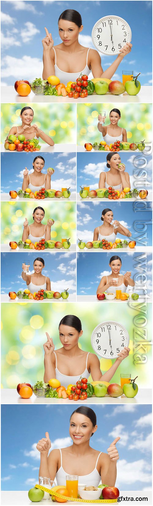 Healthy food concept, girl with fruits and vegetables stock photo
