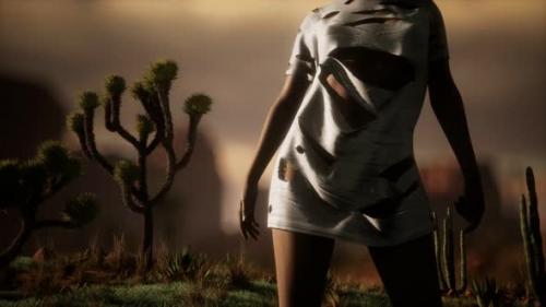 Videohive - Woman in Torn Shirt Standing By Cactus in Desert at Sunset - 33099216