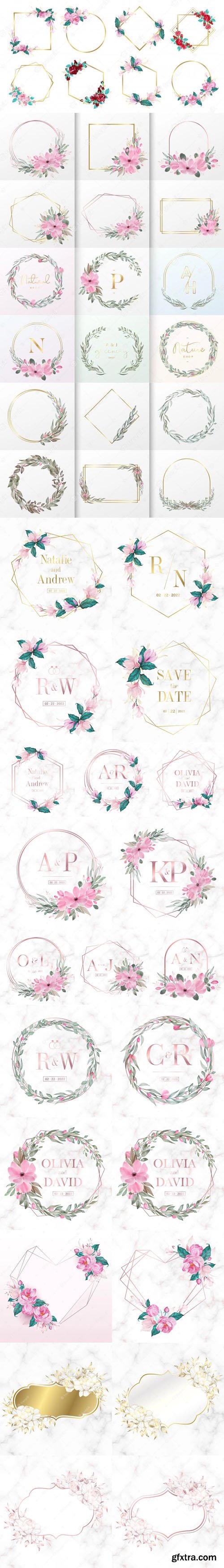 Watercolor Floral Frames for Wedding Monogram Vector Collection - 25 EPS