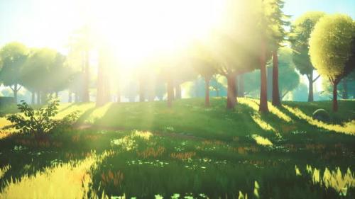 Videohive - Cartoon Green Forest Landscape with Trees and Flowers - 33134310