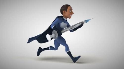 Videohive - Fun 3D cartoon superhero running with a syringe - 33175377