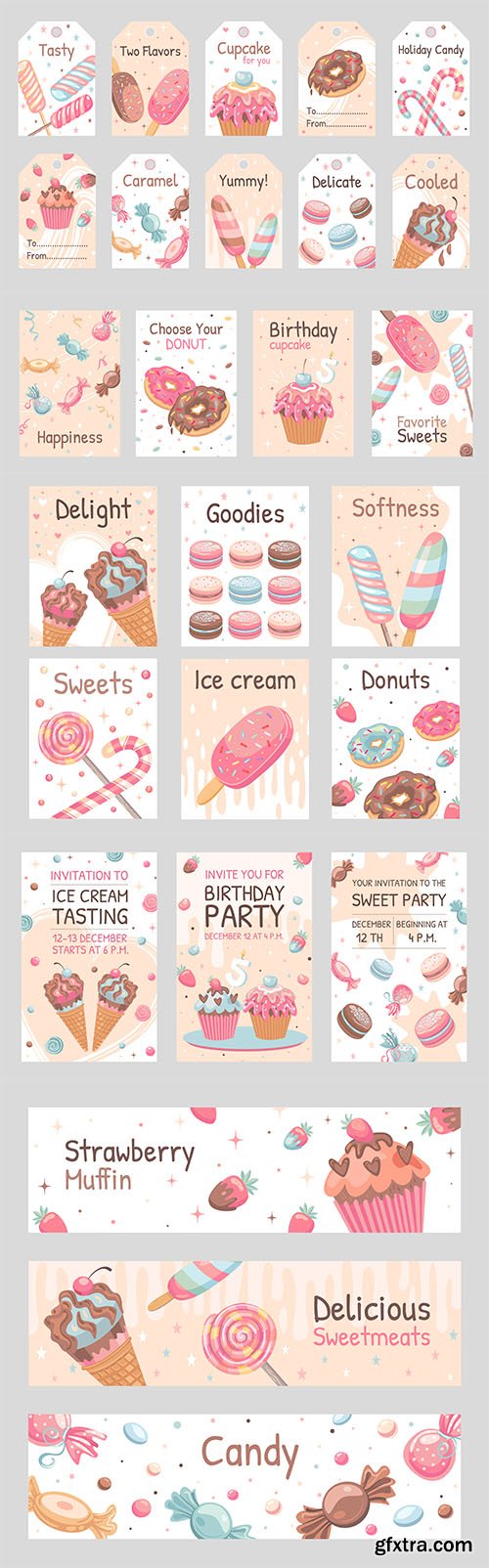 Sweets posters set of candies, donuts, ice cream, cupcake illustrations