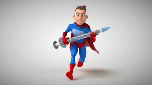 Videohive - Fun 3D cartoon superhero running with a syringe - 33175376