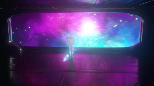 Videohive - Astronaut in futuristic space corridor, view of the beautiful stars - 33166867