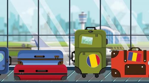 Videohive - Suitcases with Romanian Flag Stickers on Baggage Carousel - 33226892