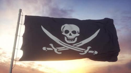 Videohive - Realistic Pirate Flag Waving in the Wind Sky and Sun Background - 33330456