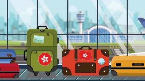 Videohive - Suitcases with Flag of Hong Kong Stickers on Baggage Carousel - 33522135