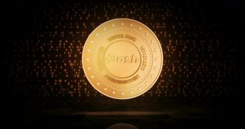 Videohive - Dash DeFi cryptocurrency golden coin loop on digital background - 33527447