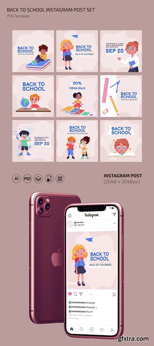 Back to School - 9 Instagram Post PSD Templates + Vectors
