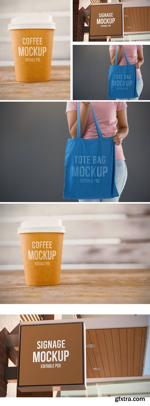 Coffee Cup, Signage, and Bag Mockups