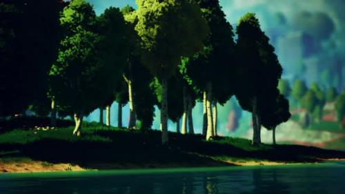 Videohive - Cartoon Green Forest Landscape with Trees and Lake - 33605304