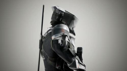 Videohive - Futuristic Soldier in Steel Armor with the Cyber Punk Gun - 33655512