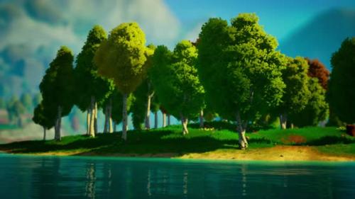 Videohive - Cartoon Green Forest Landscape with Trees and Lake - 33711646