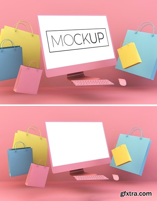 Floating Computer and Shopping bags Mockup