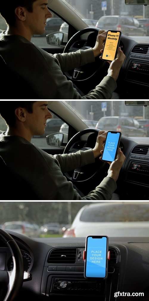 Mockup template: Man in the car watch on phone