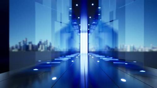 Videohive - Company Background, Blue Glass Panels Along The Corridor Extending With Buildings In The Back A2 - 34136001
