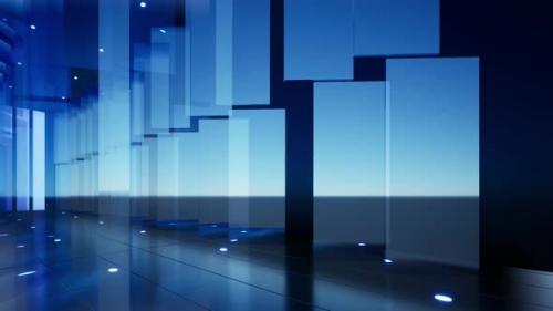 Videohive - Company Background, Blue Glass Panels Along The Corridor Extending A1 - 34136003