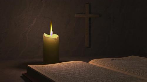 Videohive - Christian accessories on bible table and burning candle - 34144516
