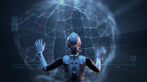 Videohive - sci-fi woman robot , large holographic interface - 34212748