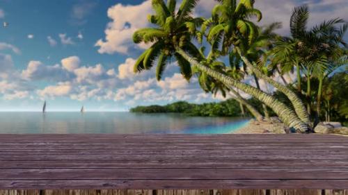 Videohive - Empty wooden planks with blur beach on background 4K - 34228741