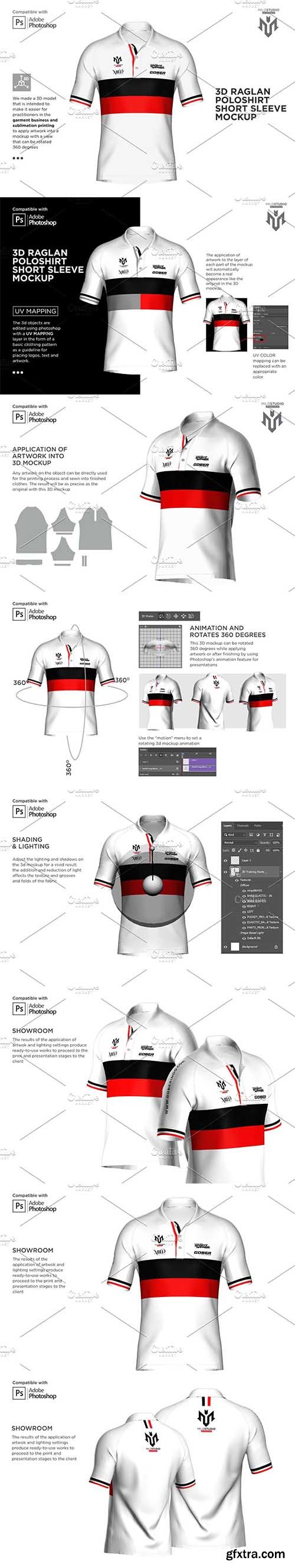 CreativeMarket - 3D Raglan Polo shirt SS Mockup 6453754