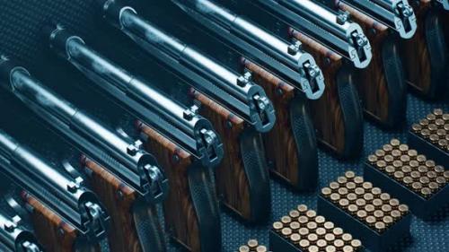 Videohive - Shiny pistols with bullets. Guns. Munition depot. Ammo dump. Military equipment. - 31908400