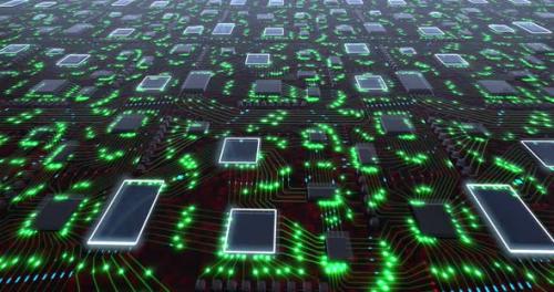 Videohive - Flight Over 3D Gark Printed Circuit Board with Green Pulsating Lights of Digital Components - 34491088