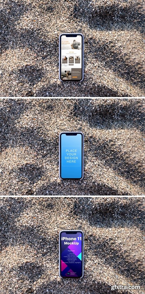 iPhone 11 Mockup on the rocky sand beach