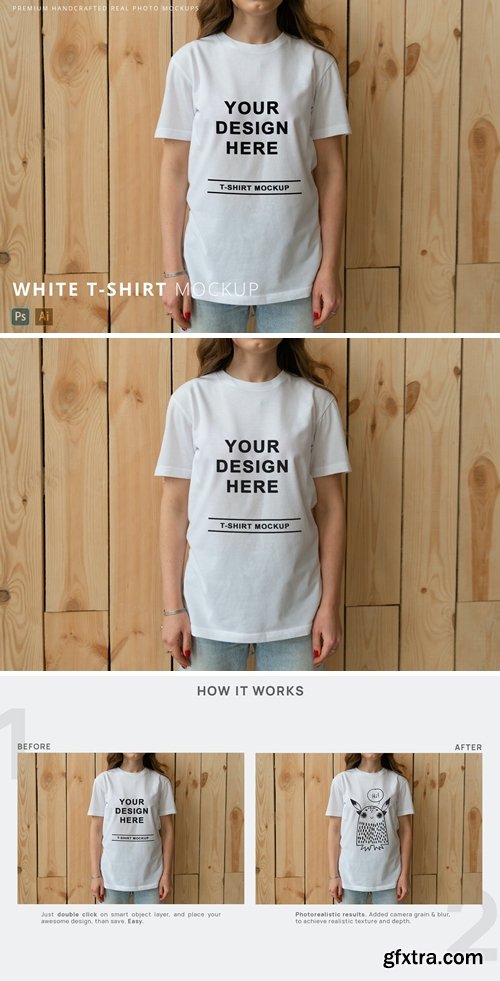 White T-Shirt on Person Mockup Wooden Background