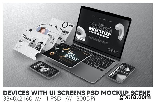 Devices With UI Screens PSD Mockup Scene